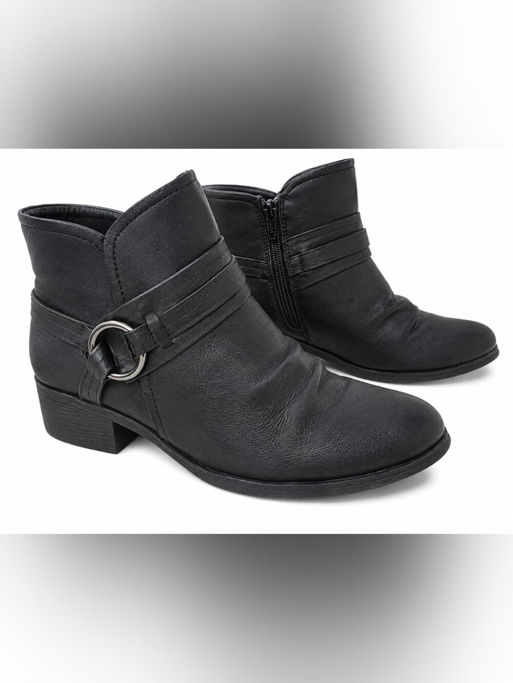 BareTraps Women’s Size 10 Black Moto Ankle Boots Buckle Side Zip Block Heel
